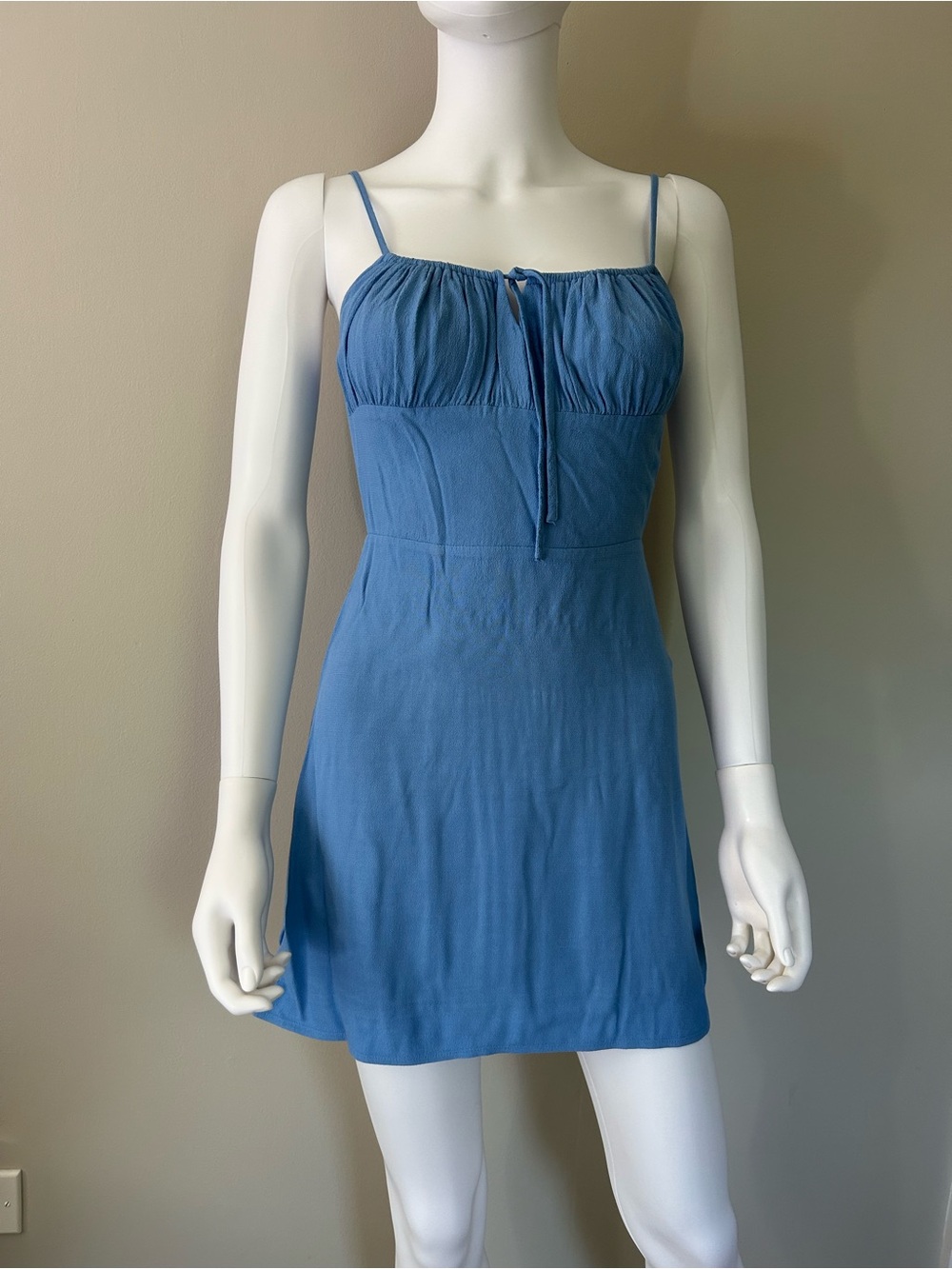 Sunday Best Blue Mini Dress XS Tie Front Smocked Back Spaghetti Strap